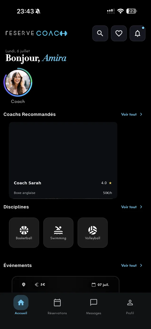 Écran d'accueil de l'app ReserveCoach