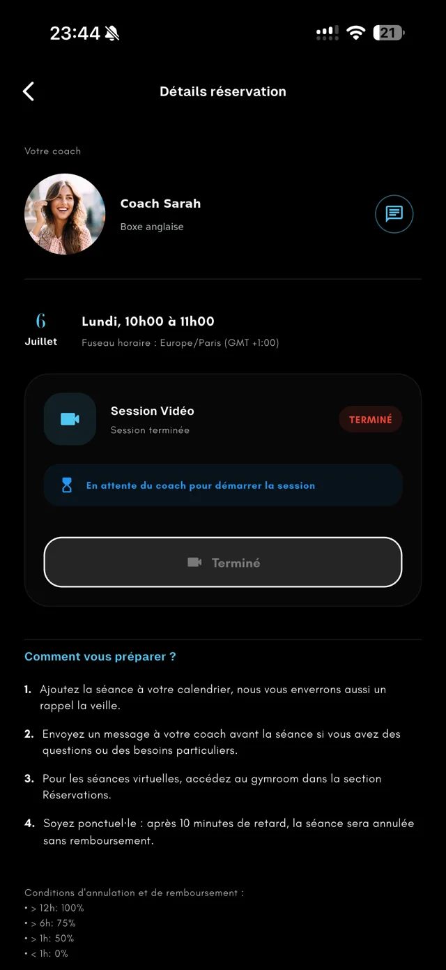 Détails d'une réservation dans l'app ReserveCoach